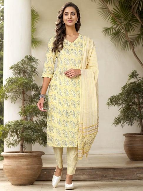 vaamsi yellow cotton floral print kurta pant set with dupatta