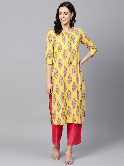 vaamsi yellow cotton floral print straight kurta
