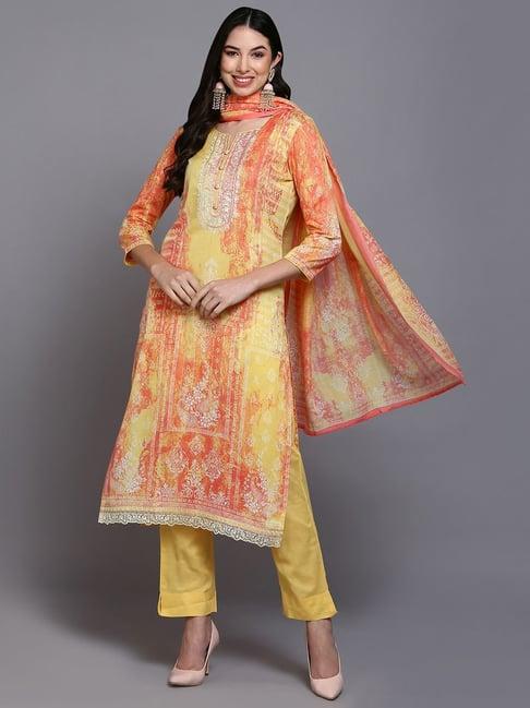 vaamsi yellow cotton printed kurta pant set with dupatta