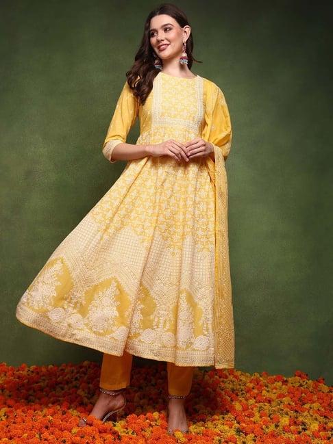 vaamsi yellow cotton printed kurta pant set with dupatta