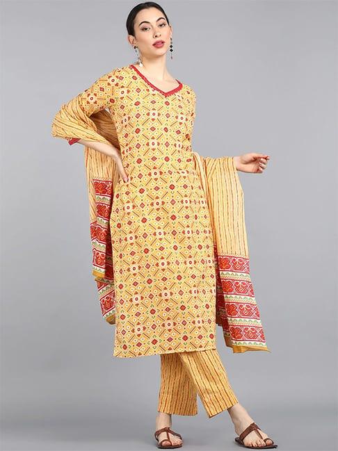 vaamsi yellow cotton printed kurta pant set with dupatta