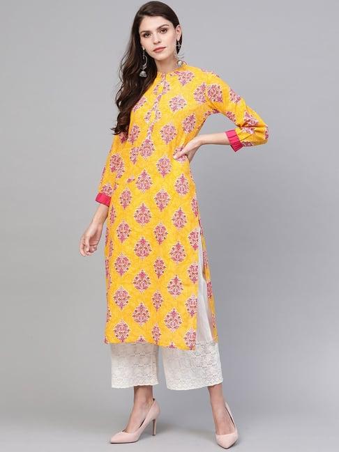 vaamsi yellow cotton printed straight kurta