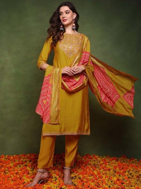 vaamsi yellow embroidered kurta pant set with dupatta