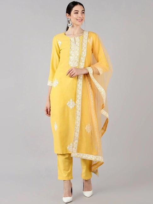 vaamsi yellow embroidered kurta pant set with dupatta