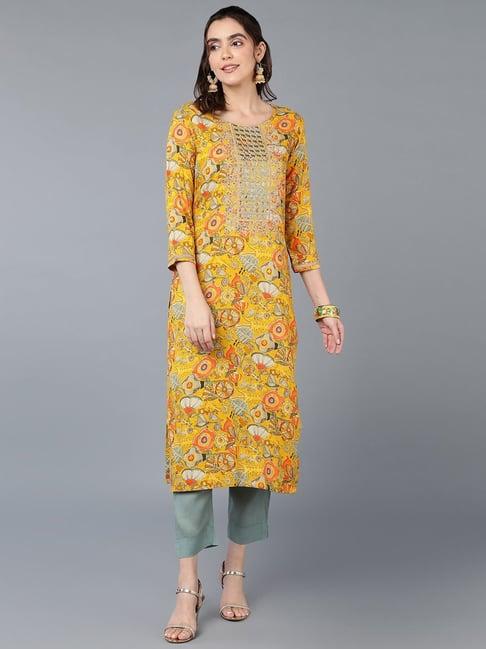 vaamsi yellow embroidered straight kurta