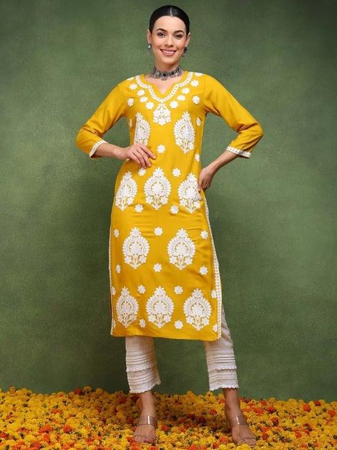 vaamsi yellow embroidered straight kurta