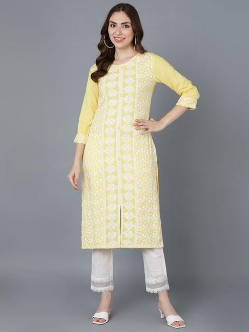 vaamsi yellow embroidered straight kurta