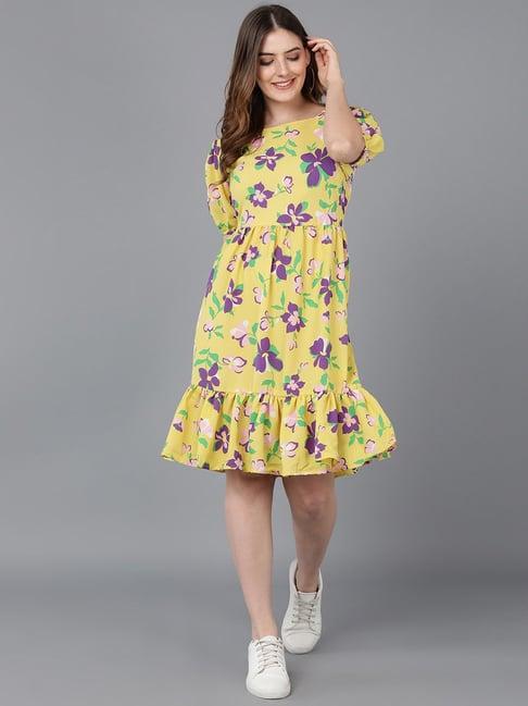 vaamsi yellow floral print a-line dress