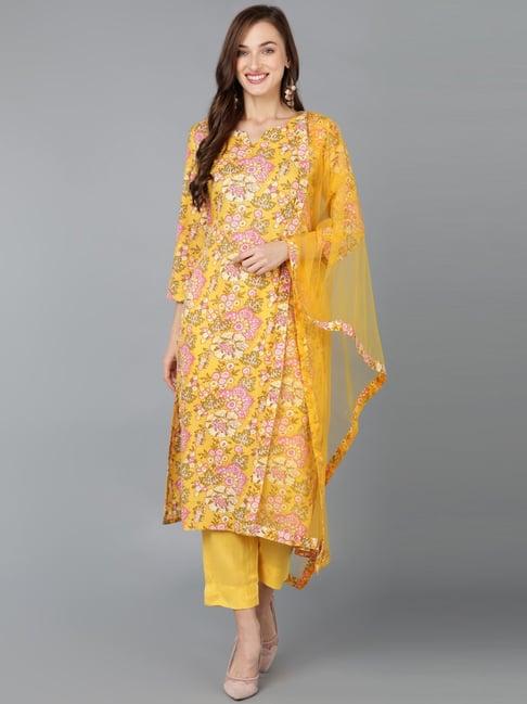 vaamsi yellow floral print kurta pant set with dupatta
