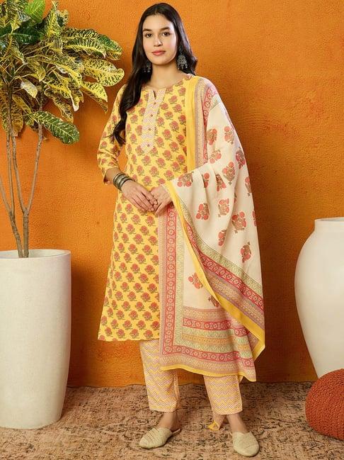 vaamsi yellow floral print kurta with pant & dupatta