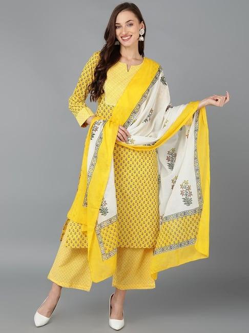 vaamsi yellow pure cotton floral print kurta pant set with dupatta