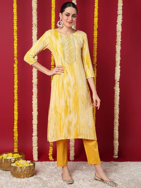 vaamsi yellow rayon printed straight kurta