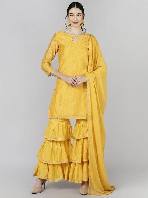 vaamsi yellow woven pattern kurti sharara set with dupatta