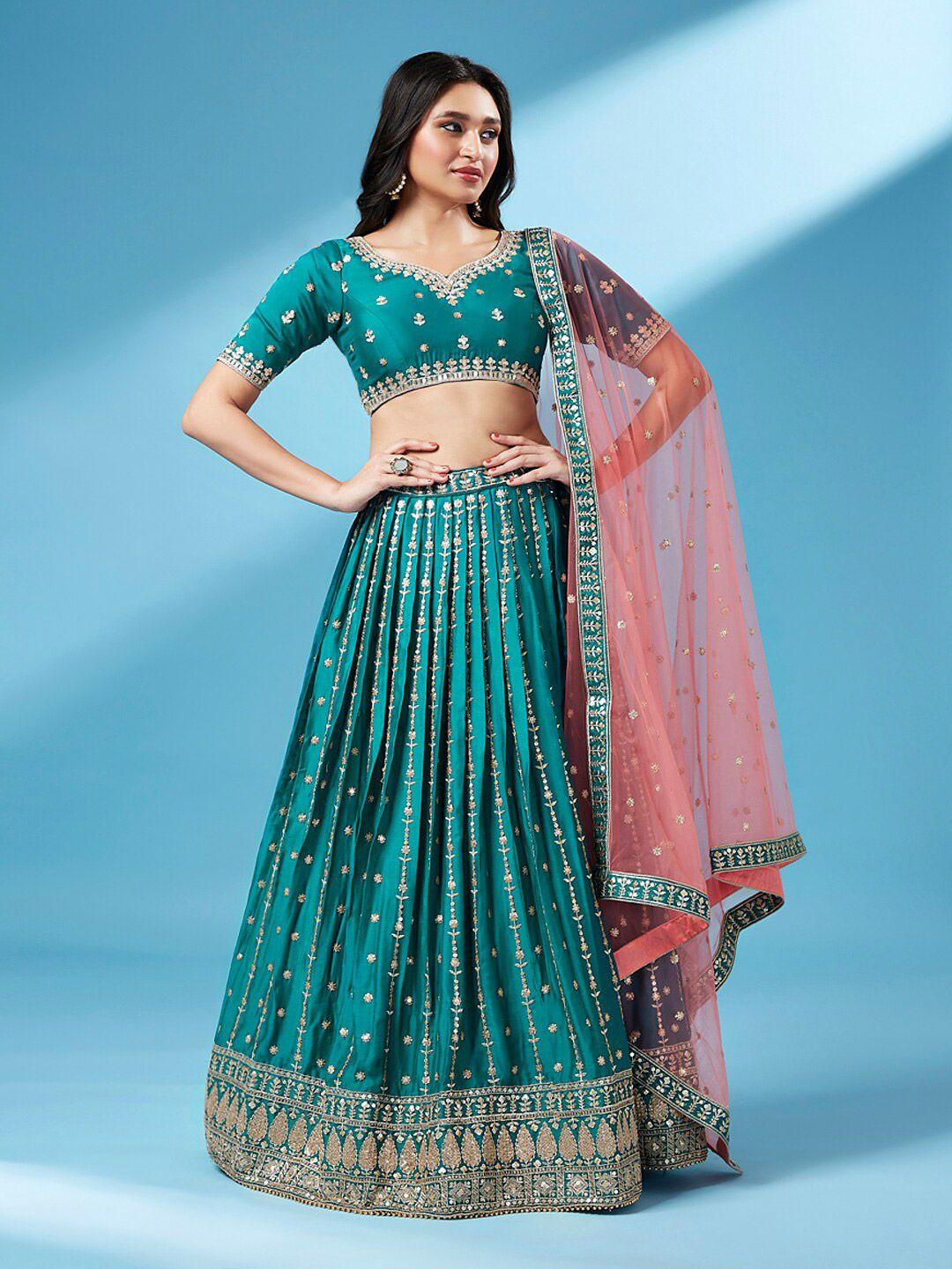 vaani creation green & embroidered sequinned semi-stitched lehenga & unstitched blouse with dupatta