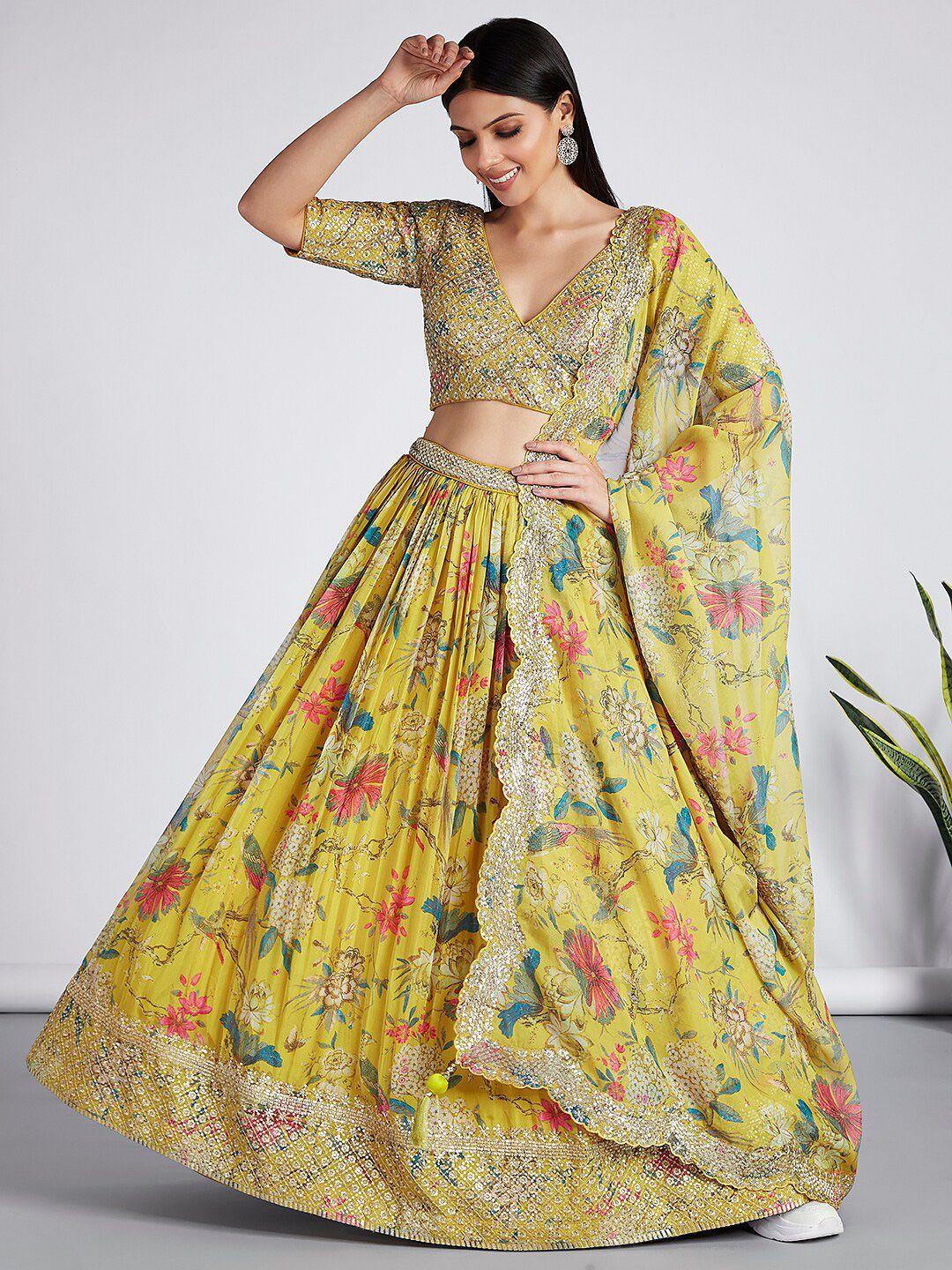 vaani creation mustard embroidered sequinned semi-stitched lehenga & unstitched blouse with dupatta