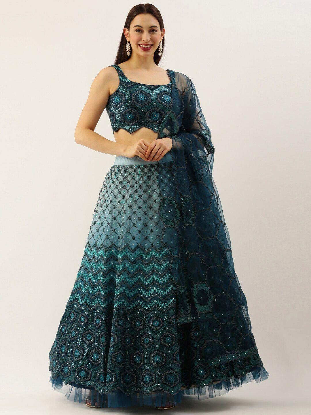 vaani creation teal & embroidered sequinned semi-stitched lehenga & unstitched blouse with dupatta