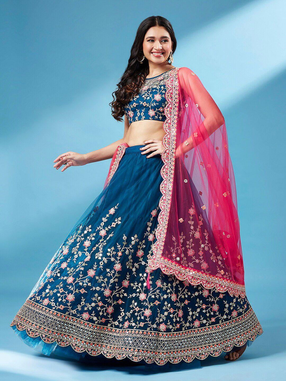 vaani creation teal embroidered mirror work semi-stitched lehenga & unstitched blouse with dupatta