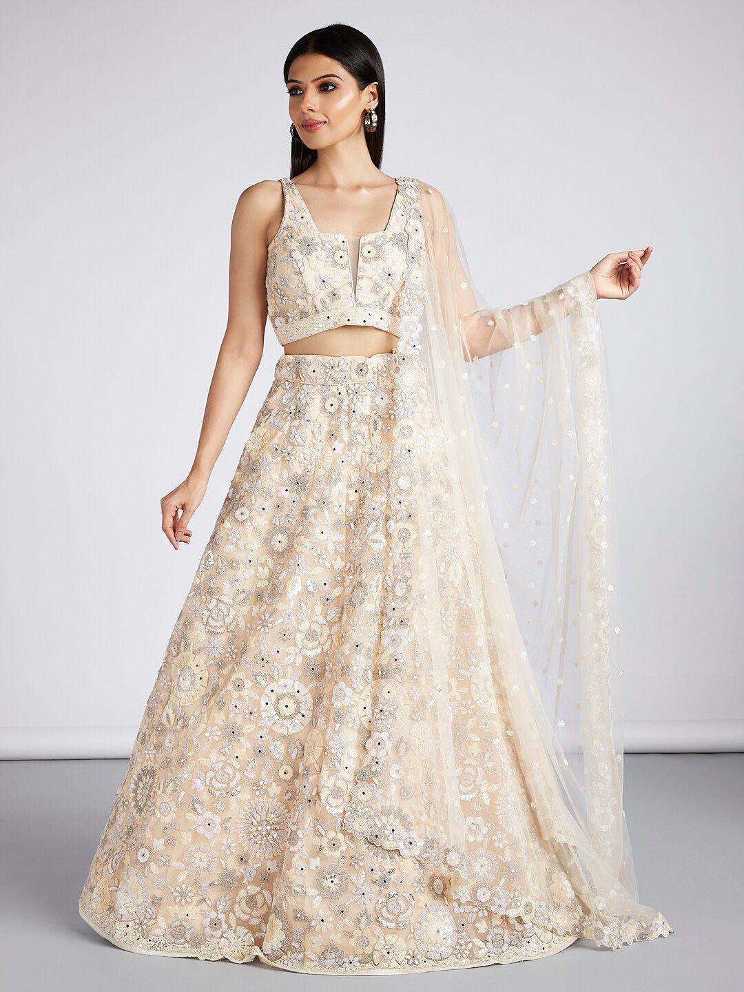 vaani creation cream-coloured embroidered sequinned semi-stitched lehenga & unstitched blouse with dupatta