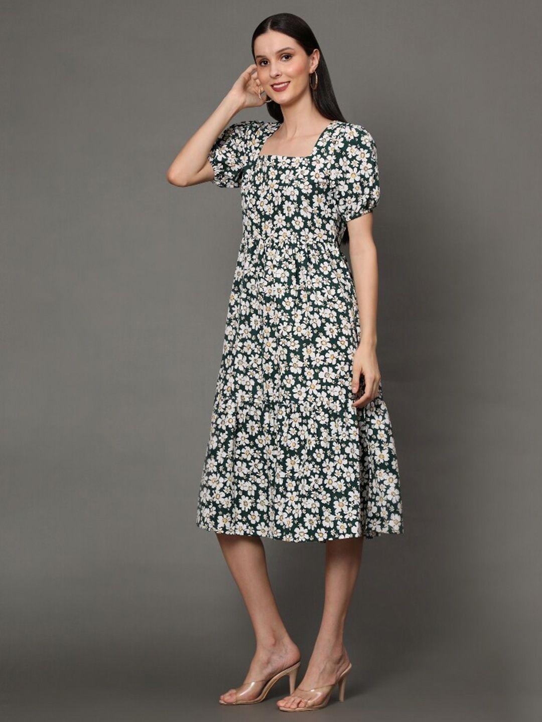 vaani creation floral printed puff sleeve tiered front slit a-line midi dress