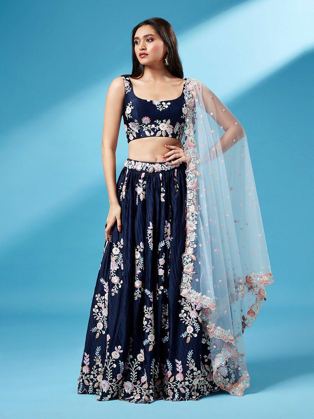 vaani creation navy blue & embellished thread work semi-stitched lehenga & unstitched blouse with dupatta