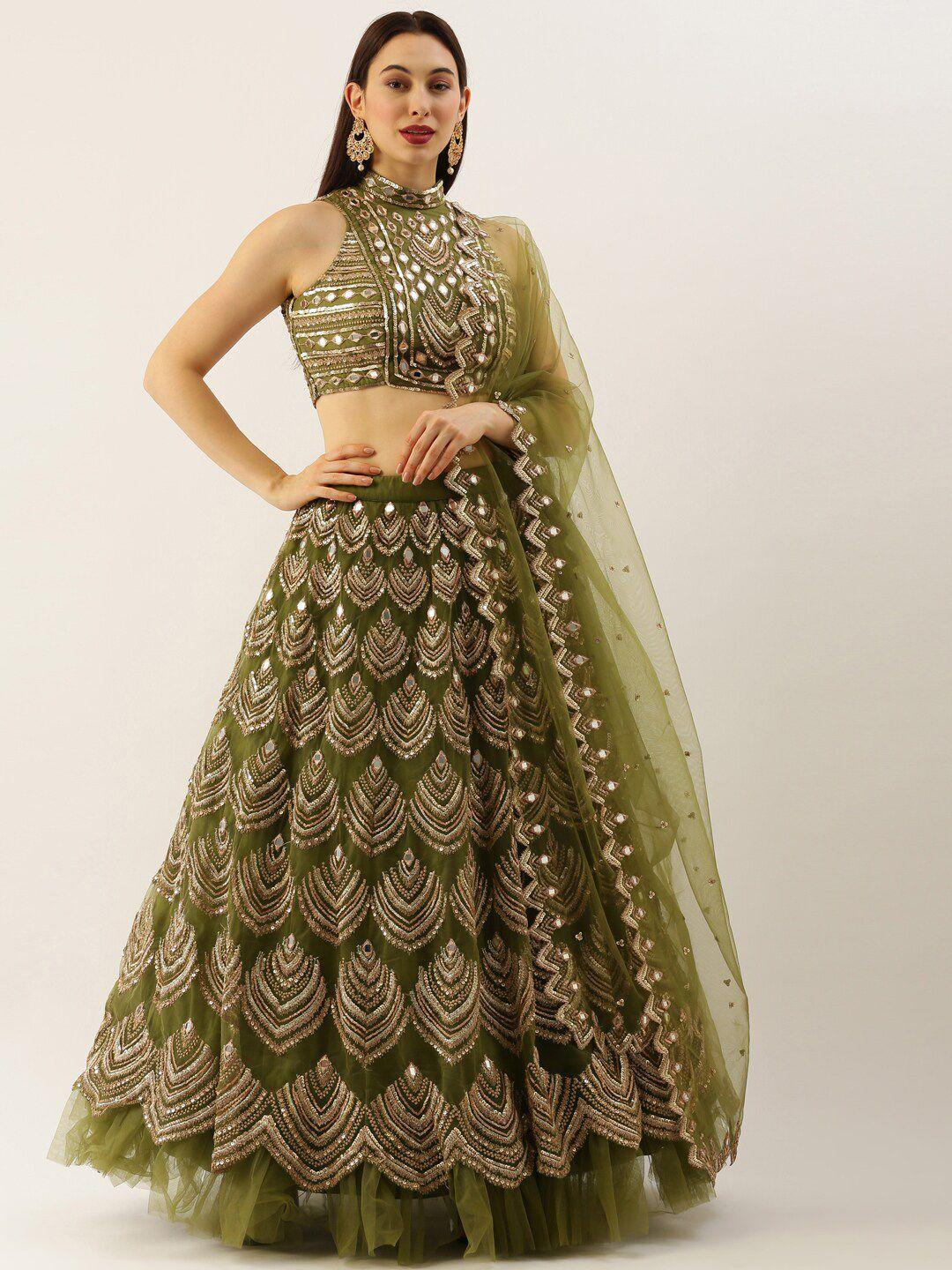 vaani creation olive green & embroidered semi-stitched lehenga & unstitched blouse with dupatta