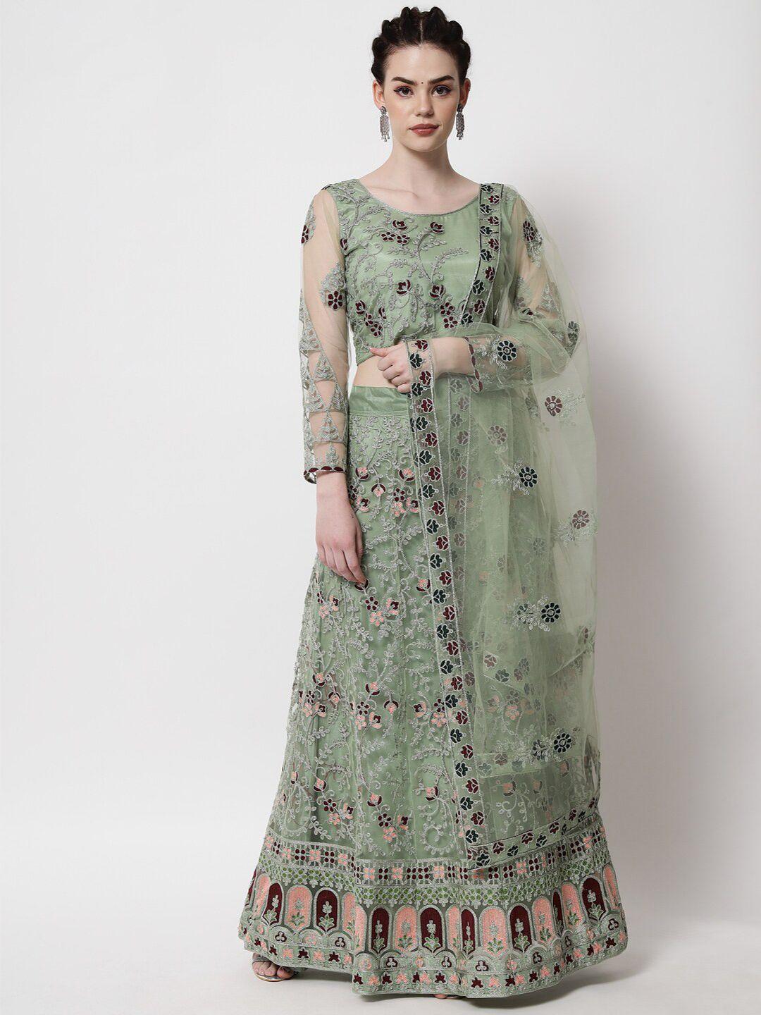 vaani creation olive green & purple embroidered thread work semi-stitched lehenga & unstitched blouse with