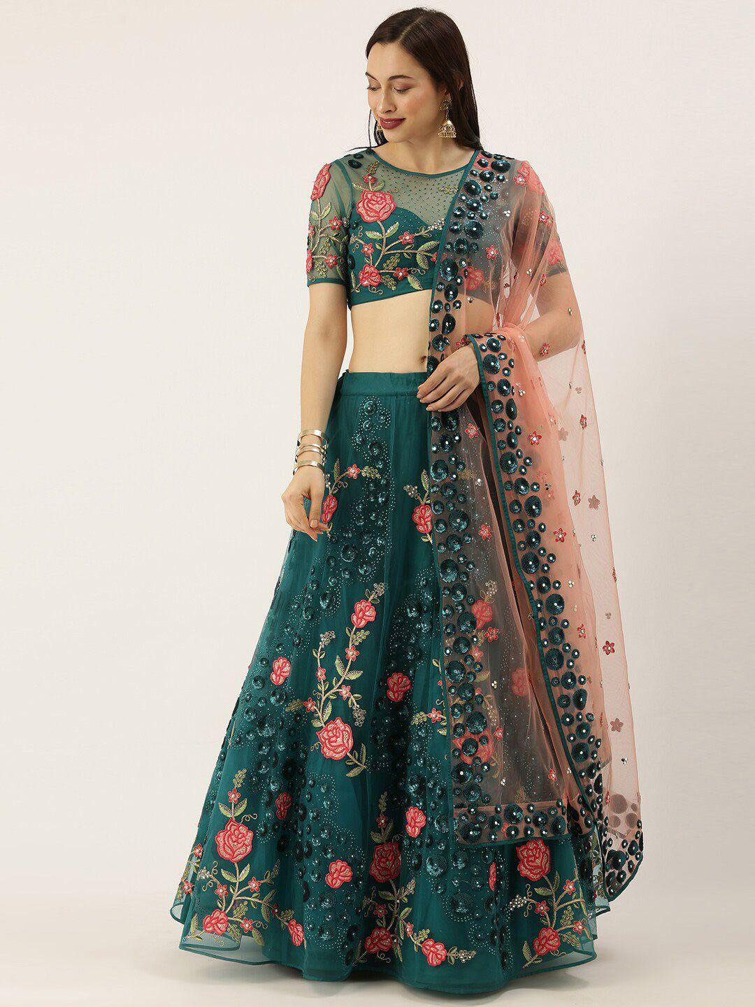 vaani creation teal embroidered sequinned semi-stitched lehenga & unstitched blouse with dupatta