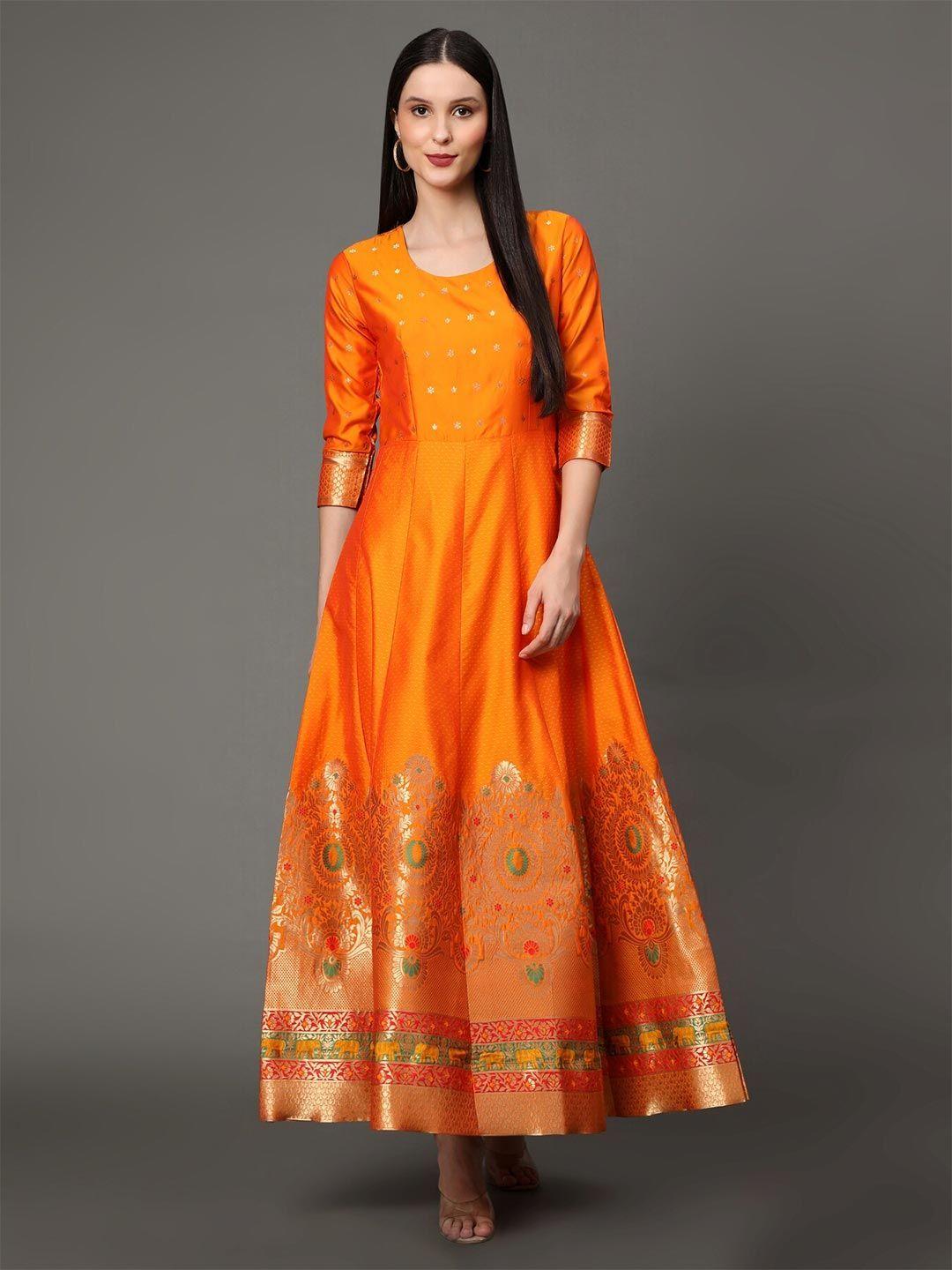 vaani creation women orange ethnic motifs jacquard ethnic maxi dress
