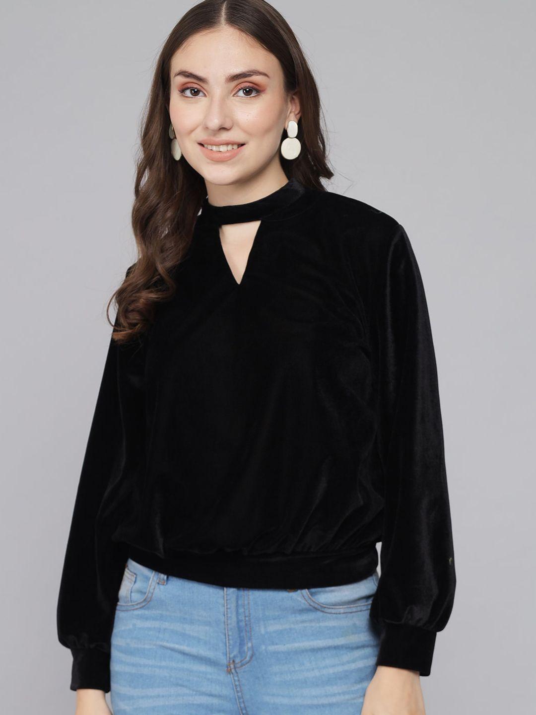 vaararo black keyhole neck velvet blouson top