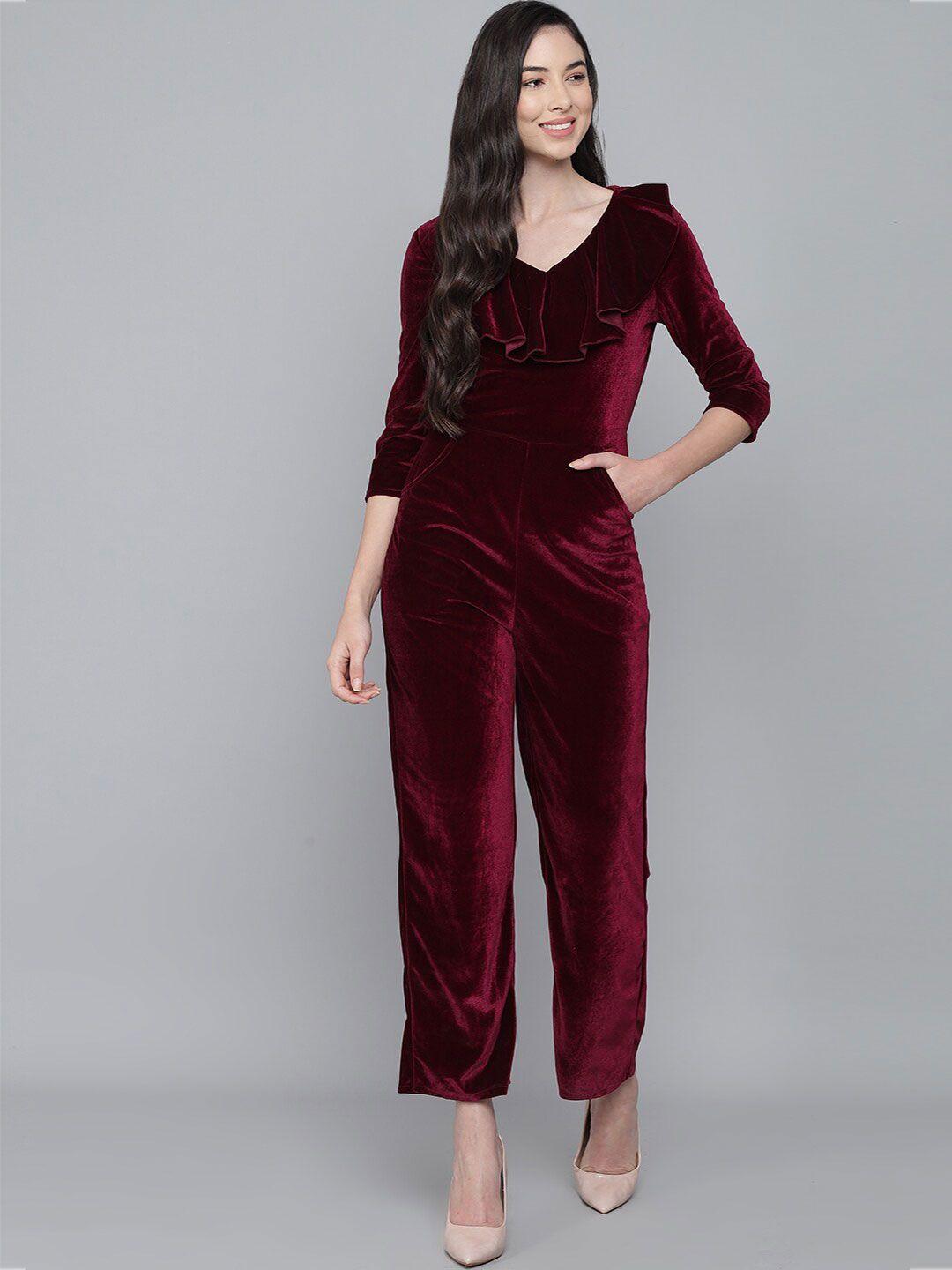 vaararo maroon basic jumpsuit with ruffles