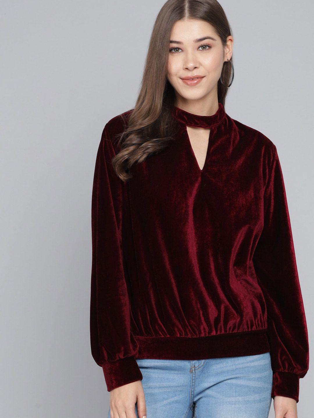 vaararo maroon keyhole neck velvet blouson top