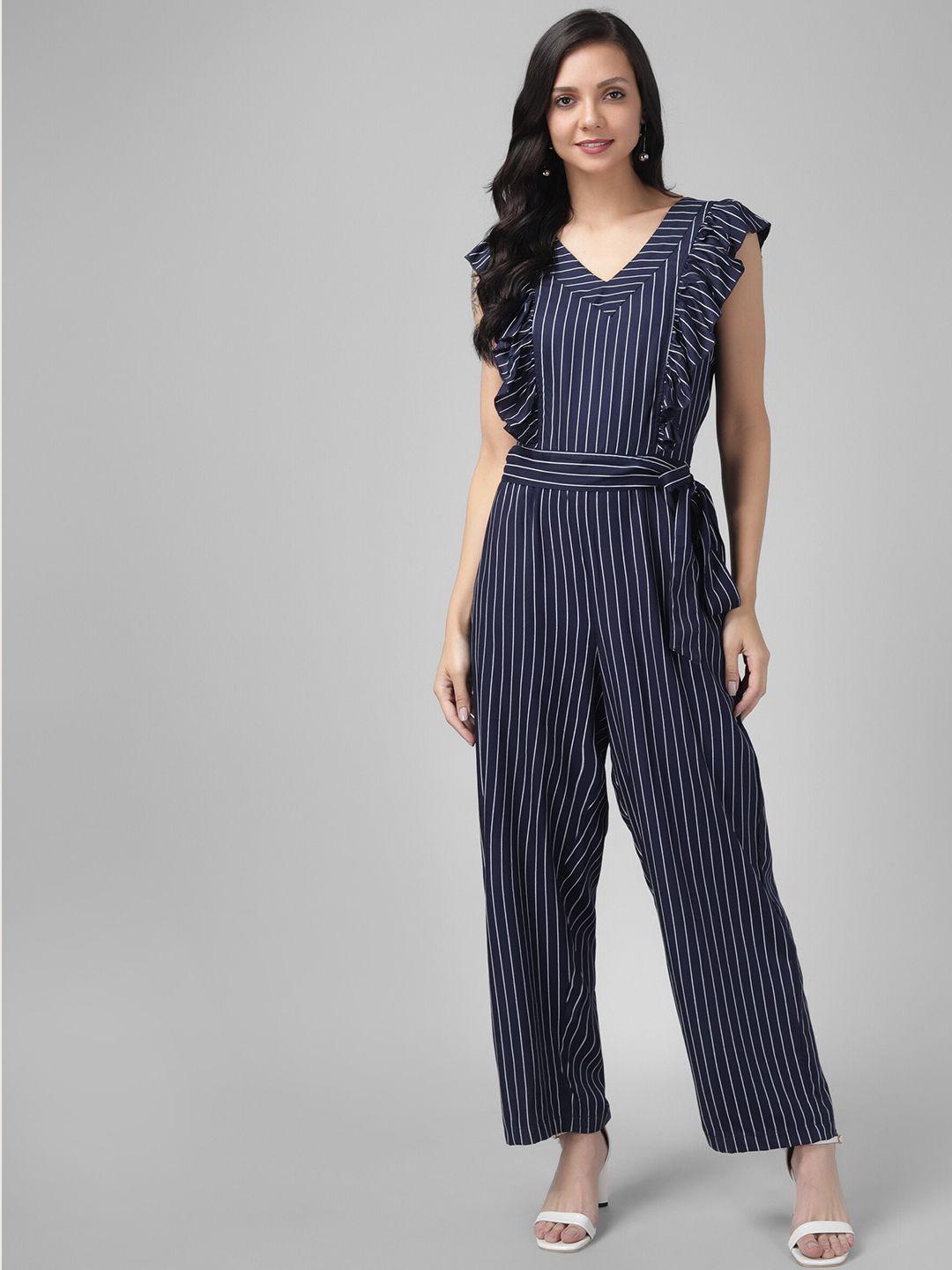 vaararo navy blue & white striped basic jumpsuit with ruffles