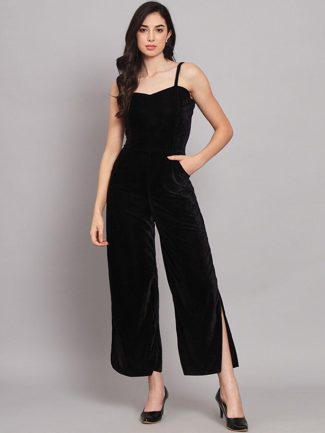 vaararo shoulder strapped basic velvet jumpsuit