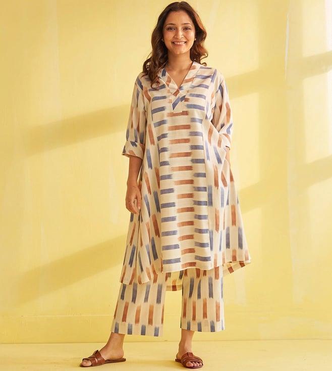 vaaya off-white, brown & blue pure handwoven ikat kurta with pant