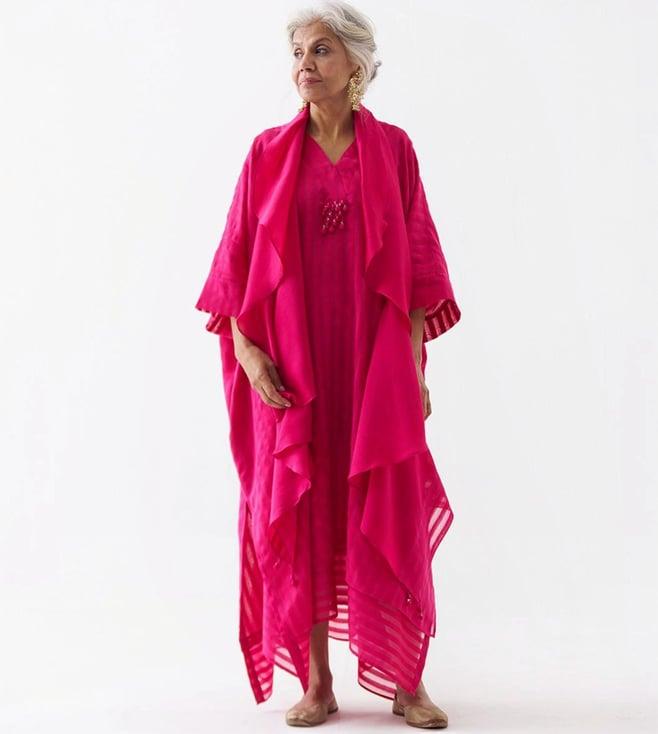 vaaya rani pink pure silk chanderi kaftan with waterfall scarf