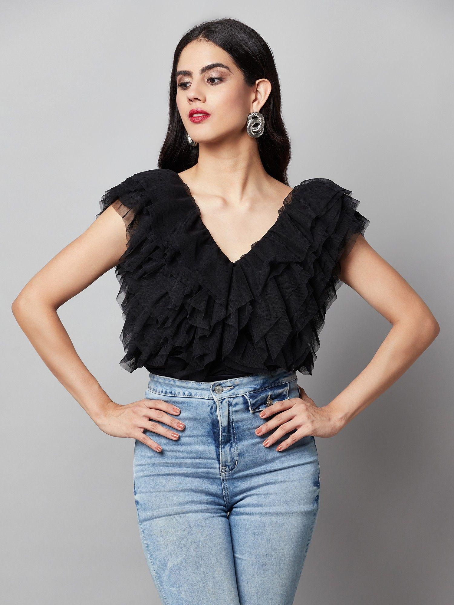 vacay multi layer black ruffle top