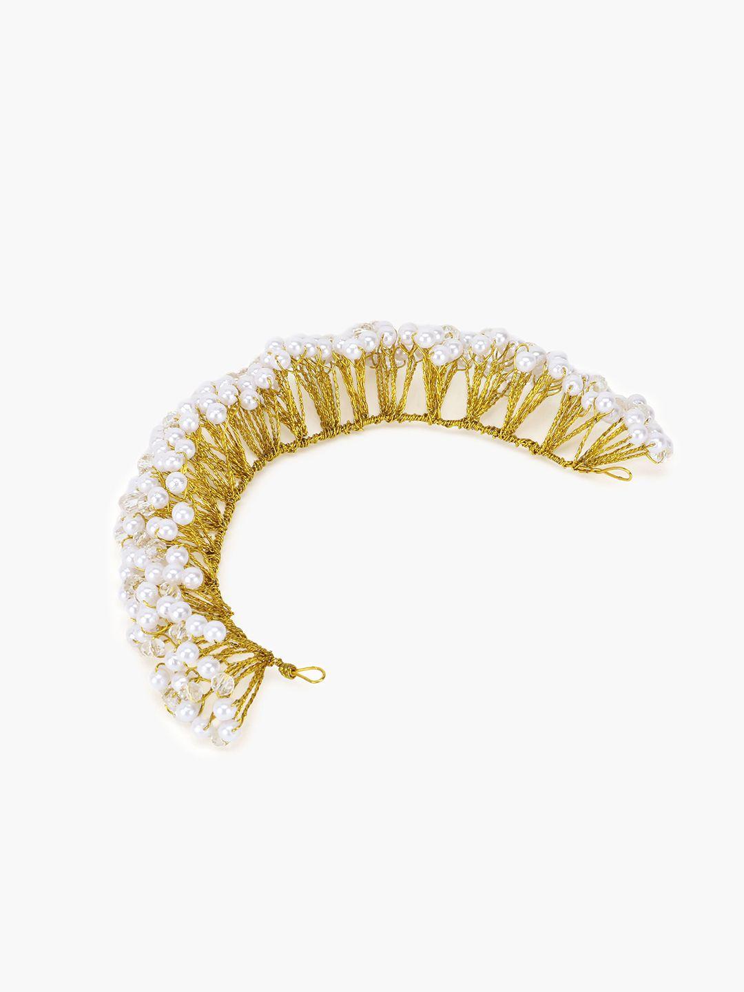 vaghbhatt women gold-toned & white pearl headdress hair vine wedding tiara