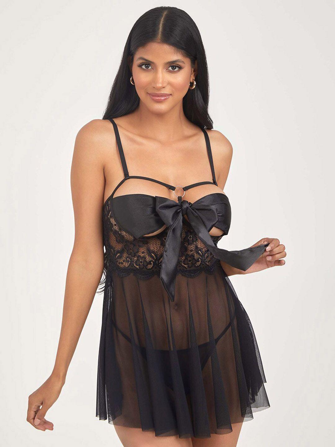 vaghbhatt self design front bow tie-up cup laced net baby doll with brief