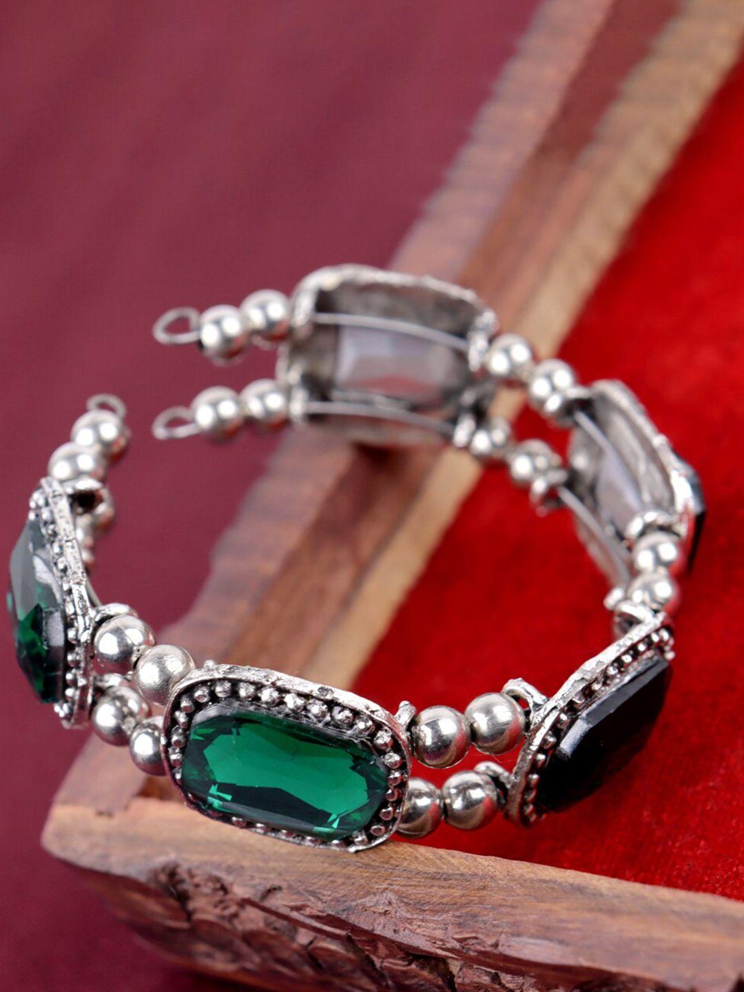 vaghbhatt women green & silver-toned sterling silver silver-plated bangle-style bracelet
