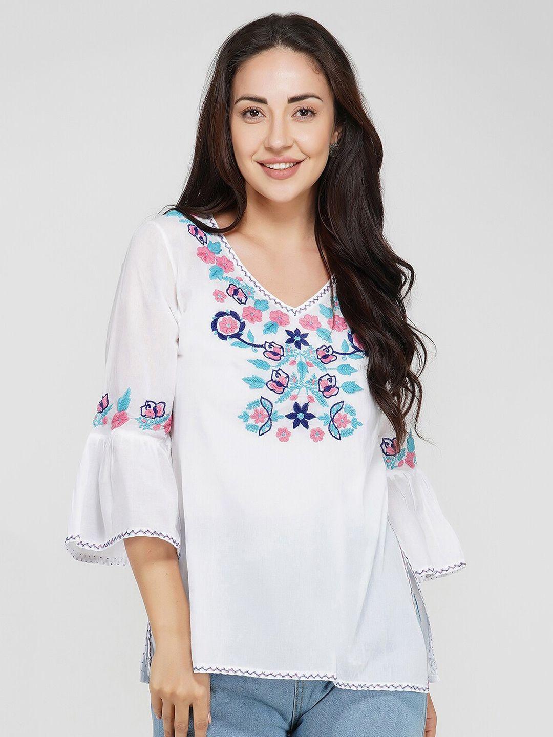 vahson white & blue floral embroidered top
