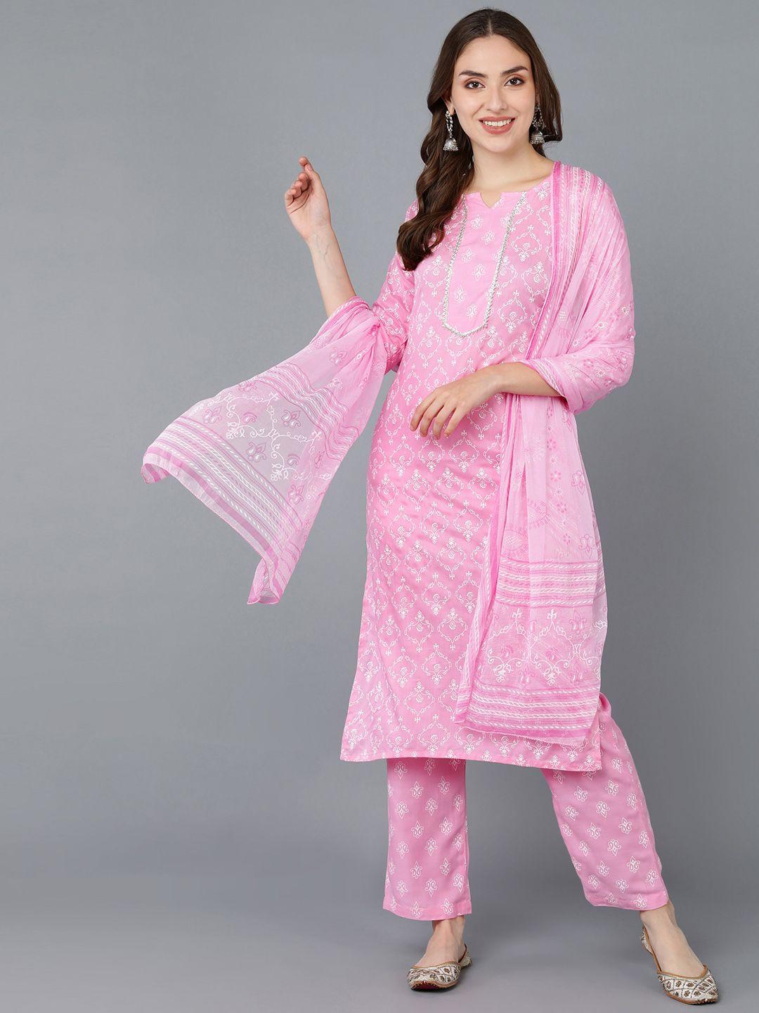 vahson ethnic motifs printed notch neck kurta with trousers & dupatta