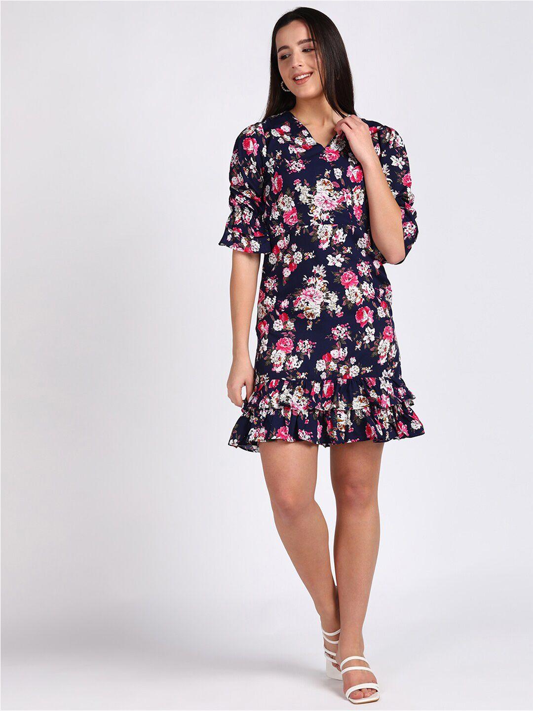 vahson floral printed v-neck bell sleeve ruffled a-line dress