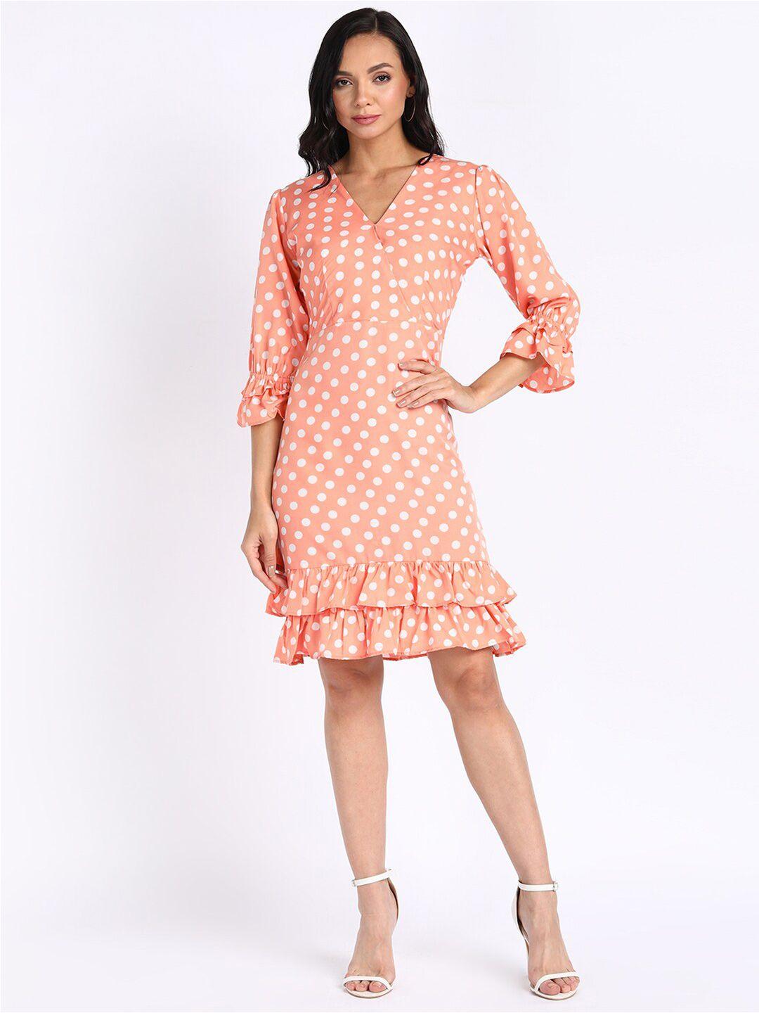 vahson polka dots printed v-neck bell sleeve ruffled a-line dress