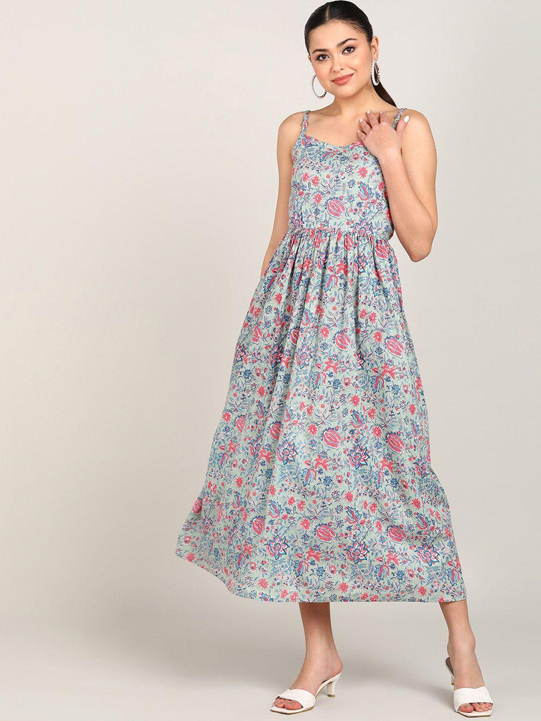 vahson shoulder straps floral printed fit & flare cotton midi dress