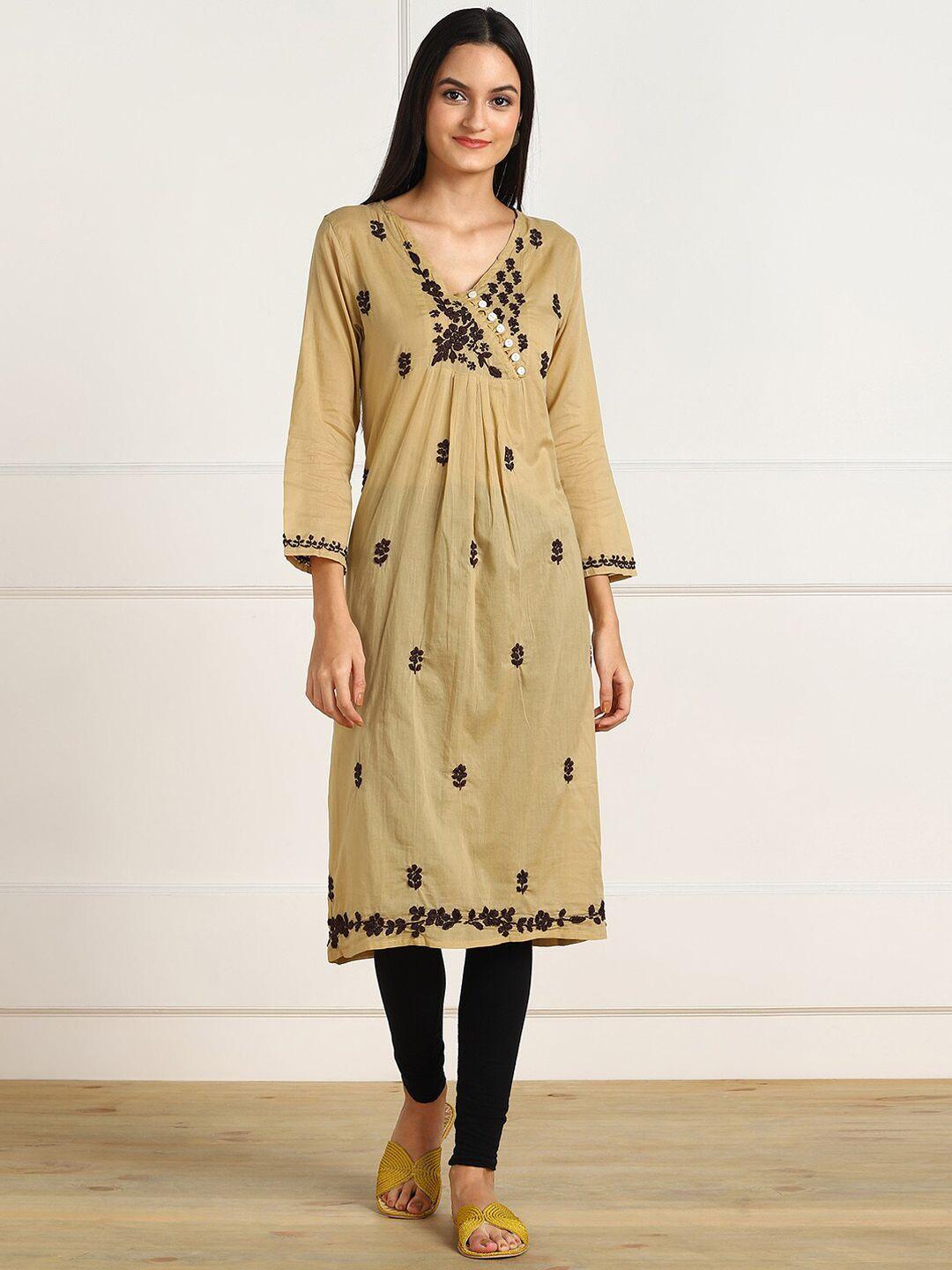 vahson women beige embroidered flared sleeves thread work handloom kurta