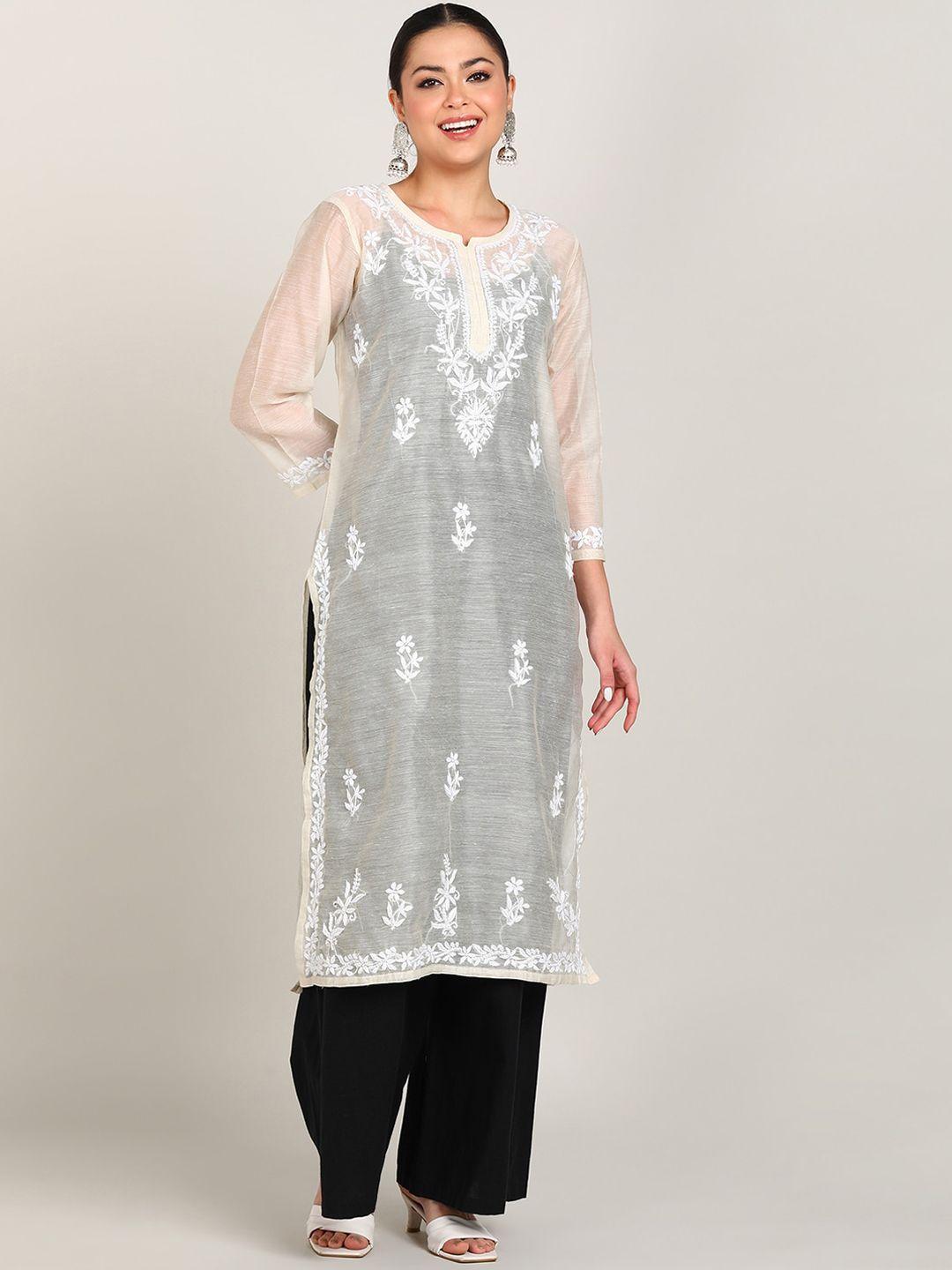 vahson women beige ethnic motifs embroidered keyhole neck flared sleeves chikankari floral kurta