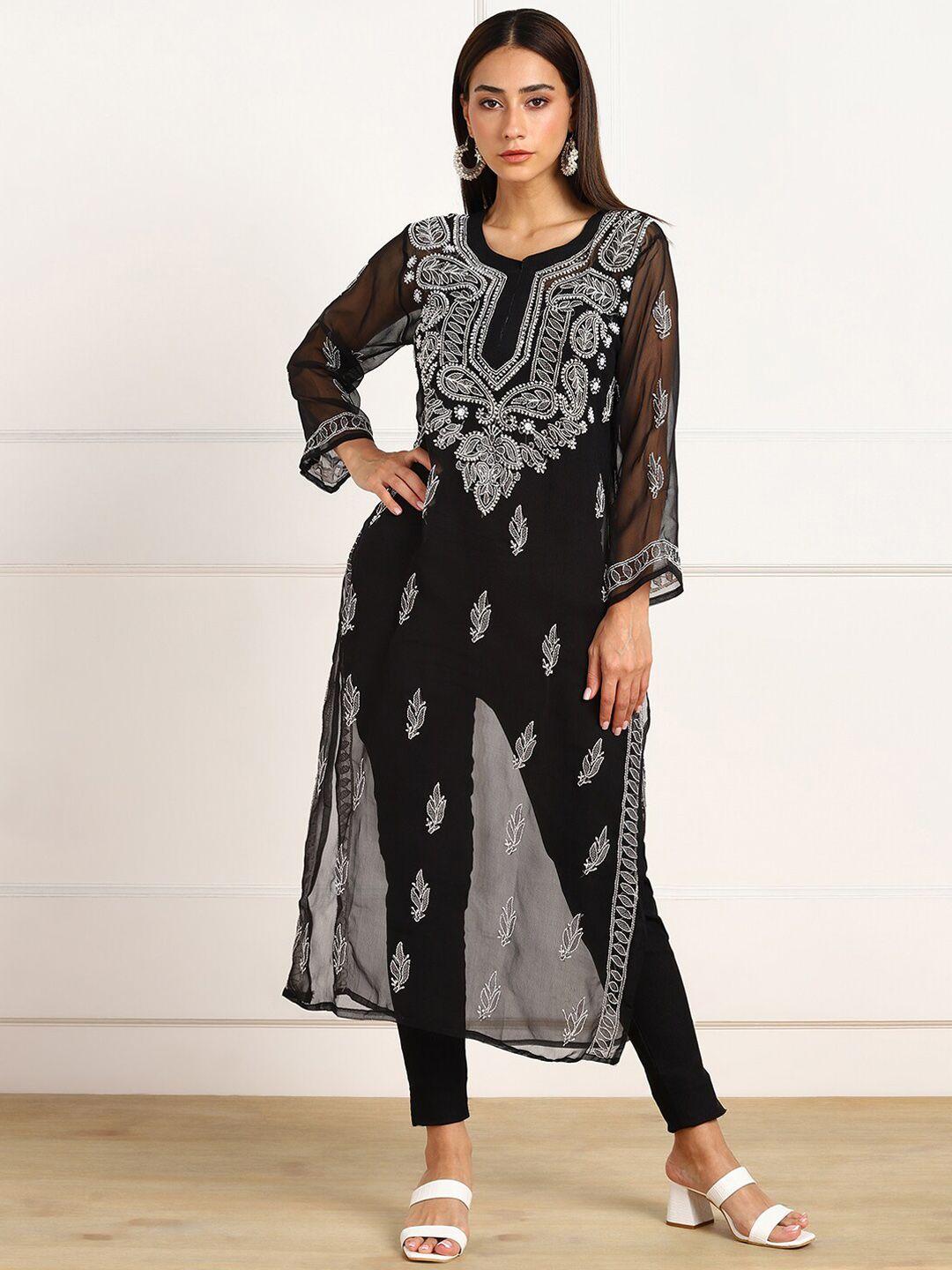 vahson women black & brown ethnic motifs embroidered flared sleeves handloom georgette kurta