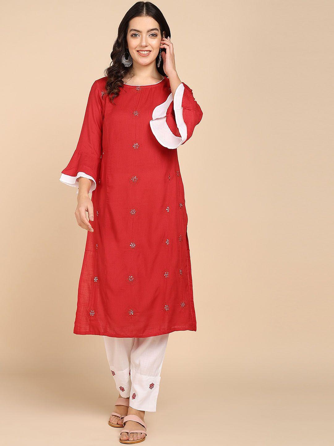 vahson women ethnic motifs embroidered regular mirror work pure cotton kurta with trousers