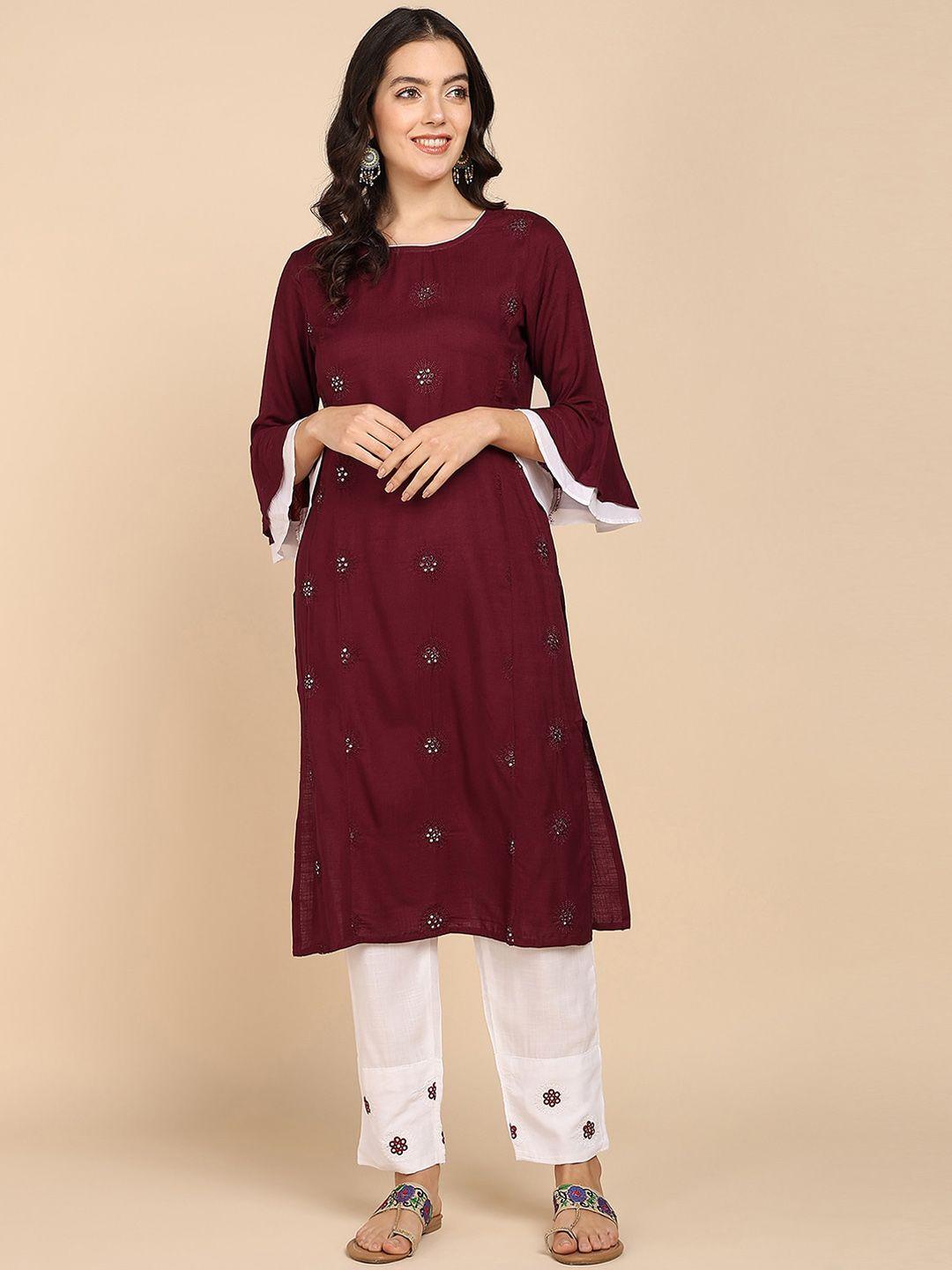vahson women ethnic motifs printed regular mirror work pure cotton kurta with trousers