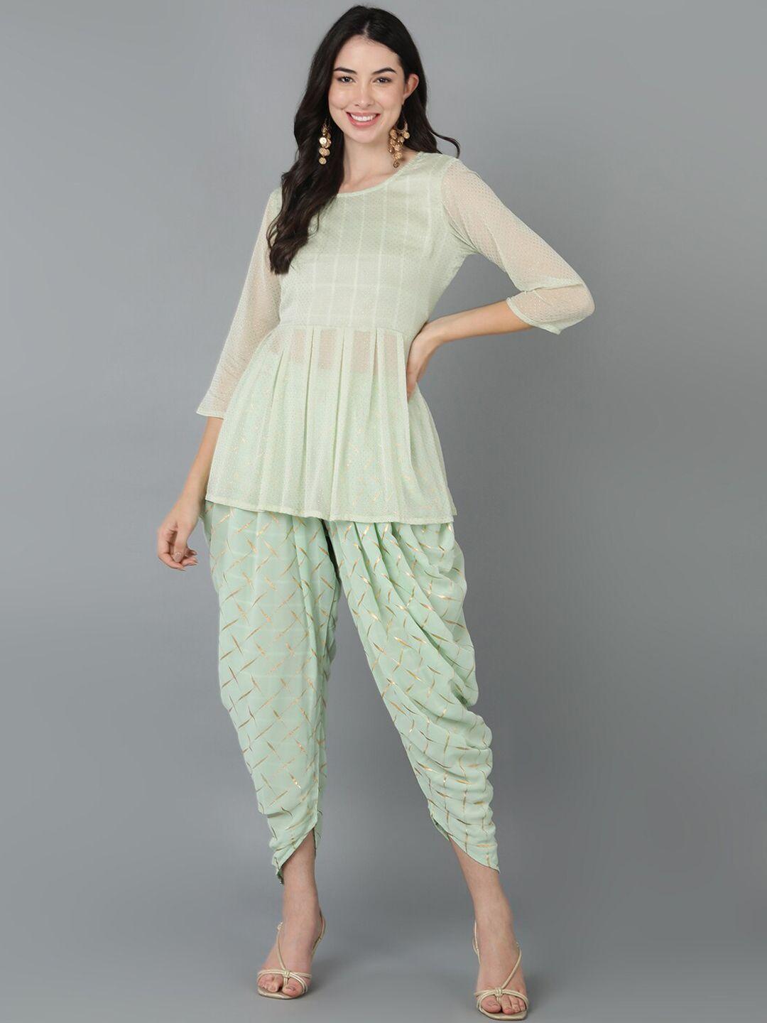 vahson women green printed empire gotta patti kurti with dhoti pants